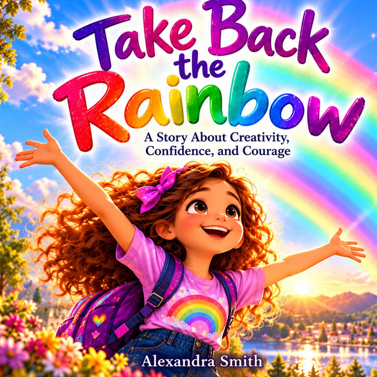 Cover of Take Back the Rainbow: a smiling girl with curly hair, a purple bow and a purple backpack reaches her arms out wide in front of a big rainbow. Author: Alexandra Smith.