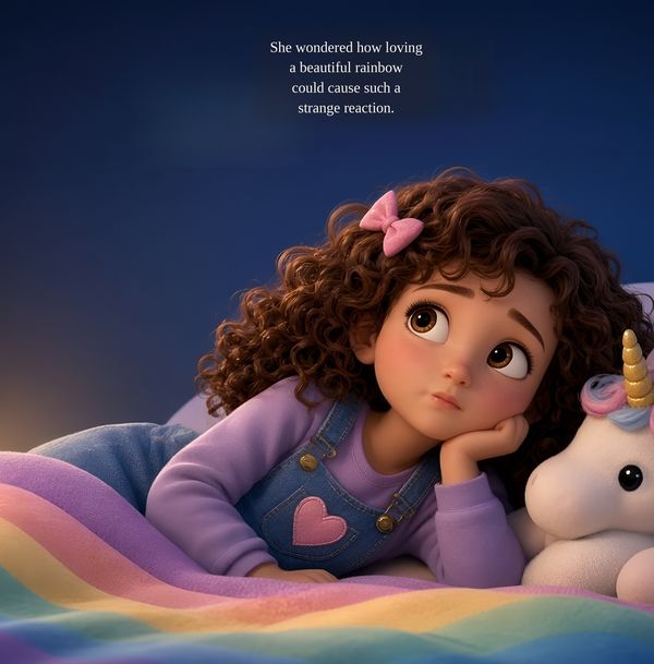 Sample page: at night, the girl lies on her bed with her chin on her hand next to a unicorn stuffed toy, looking thoughtful.