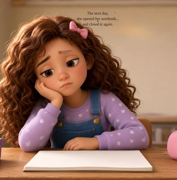 Sample page: the girl rests her cheek on her hand at a desk with a blank notebook in front of her, looking sad.