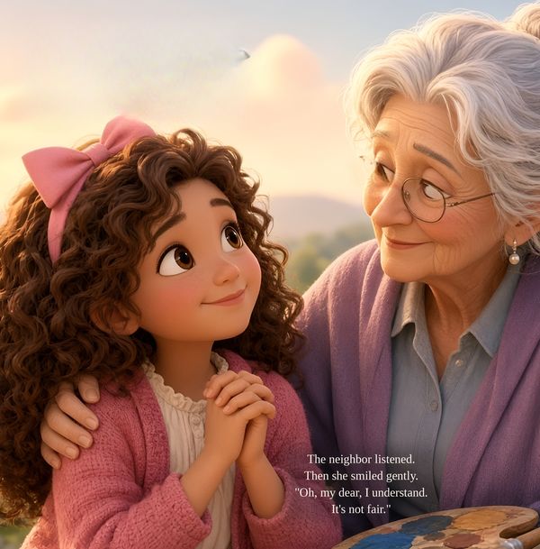 Sample page: the girl with her hands clasped looks up at a smiling older neighbor with gray hair and glasses, who has an arm around her.
